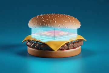 Conceptual burger with glowing digital layers on a blue background