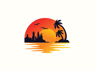 Palm tree and sunset, beach logo design vector template