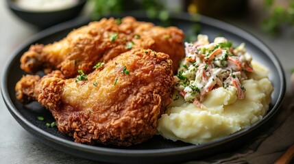 Fried chicken with mashed potatoes and slaw