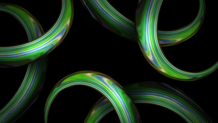 Abstract 3D Green Metallic Glossy Rings Background with Shiny Iridescent Texture and Dark Luxurious Concept for Modern Graphic Design