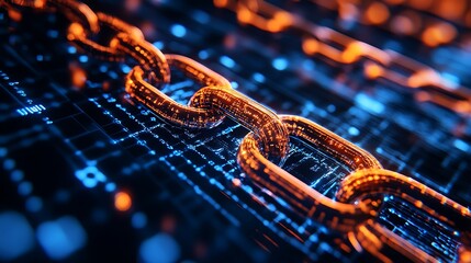Close up of a digital golden chain on a circuit board background