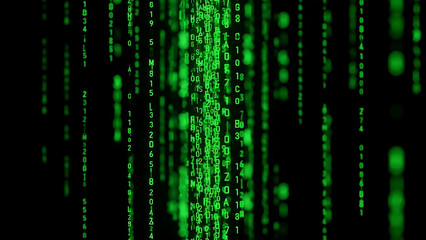 Green digital data rain background simulating matrix code. Abstract cyber technology concept with binary stream wallpaper.
