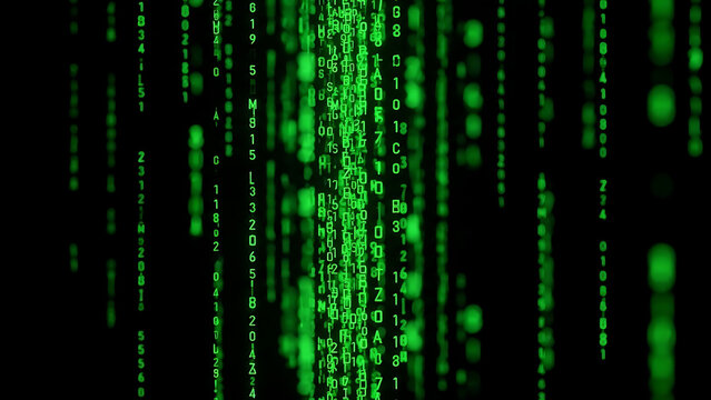 Green digital data rain background simulating matrix code. Abstract cyber technology concept with binary stream wallpaper. - Powered by Adobe