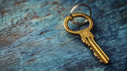 Close up of a golden key resting on a textured blue wooden surface