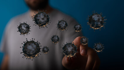 An image of a person interacting with floating virus particles, representing infection and disease...