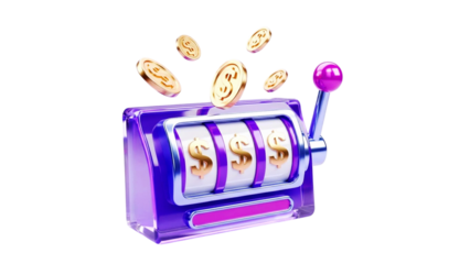 A3D of a slot machine with dollar signs and coins flying out of it