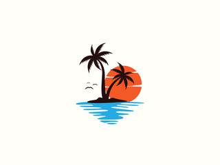 Palm tree and sunset, beach logo design vector template