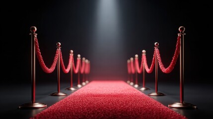 Red carpet event with velvet ropes and spotlights, ready for a grand entrance.