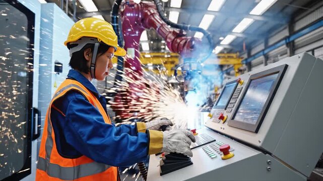 Female factory operator safety helmet and vest operates control panel with touchscreen and joystick while robotic arm welding sparks and blue light illuminate manufacturing automation woman
