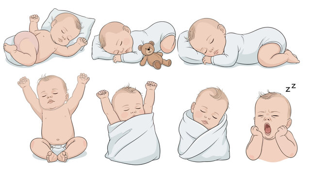 An illustration of a baby in various sleeping and awake positions