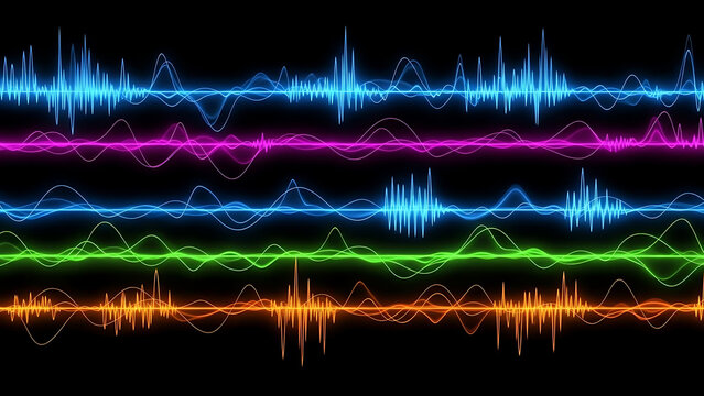 Futuristic glowing neon audio spectrum analyzer waves against a dark background, modern sound visualization. - Powered by Adobe