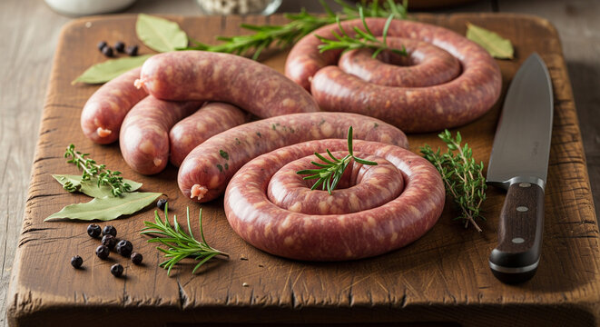 Raw sausages with herbs and knife on wooden board