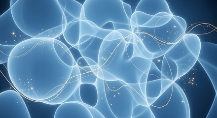 Abstract background of glowing blue light forms with delicate golden energy swirls and sparkles
