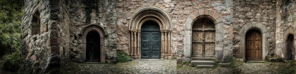 Fototapeta premium Historic Stone Entrance of an Ancient Castle Surrounded by Majestic Architecture and Religious Elements