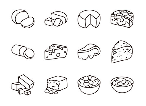 Editable line icons of 12 different types of cheese.
