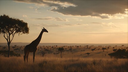 Graceful giraffe silhouetted against a vibrant African savanna sunset with golden light illuminating the landscape.