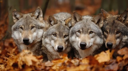 A Close-Up of a European Wolf Pack Amongst Leaves, Emphasizing Alpha Dynamics and Friendship