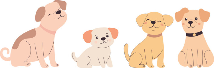Cute funny puppies in doodle style, set, vector