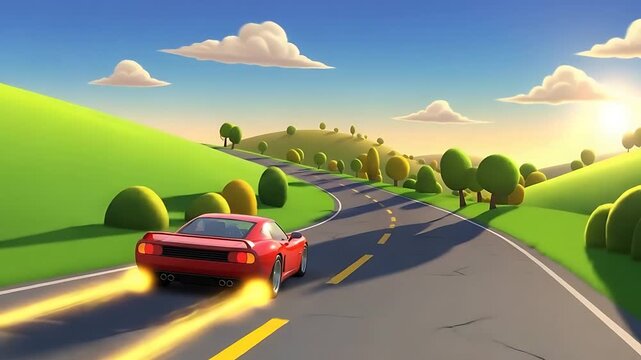 red sports car racing on a winding cartoon landscape road through colorful hills