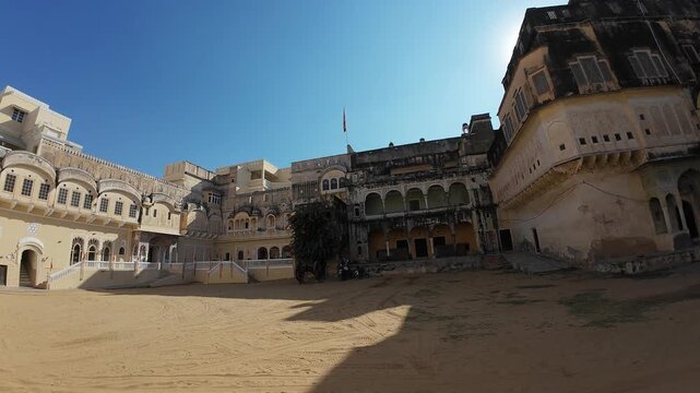 Grand Exterior View of the Mandawa Fort Courtyard Featuring Intricate Medieval Architecture, Rajasthan, India 