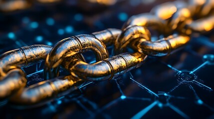 Close up of golden chain links representing connection and network concept