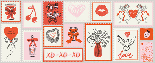 Valentines day hand drawn post stamps in doodle sketch style. Wedding invitation postal elements for poster, placard or postcard prints. Love vector illustrations for mail, letters and scrapbook.