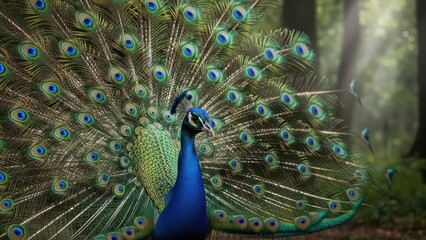 Obraz premium Close-up Shot of a Peacock Displaying its Vibrant and Patterned Tail Feathers in the Forest