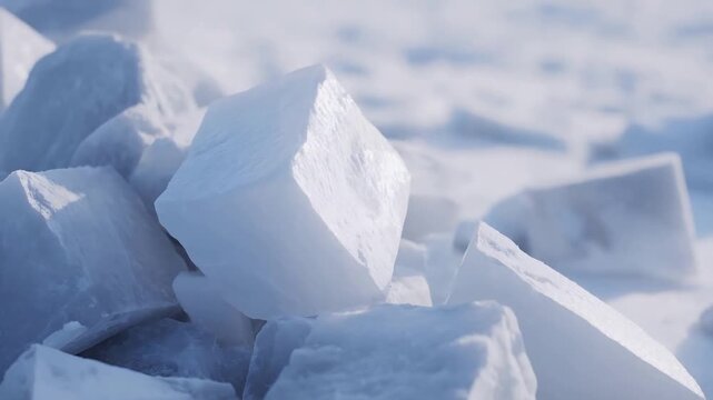 Close up view of sharp, icy chunks reflecting light in a pristine winter environment.