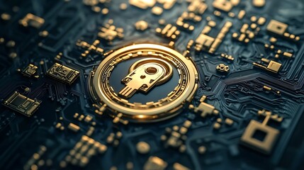 Close up of golden digital skull token on computer circuit board