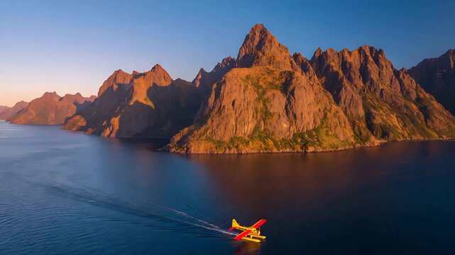 Red and yellow seaplane cruising calm fjord water, majestic mountains bathed in golden hour light.