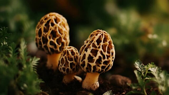 Close up of unique morel mushrooms growing naturally on forest ground in lush green environment.