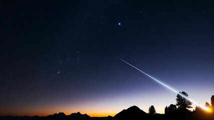 shooting star meteor streak over night sky above mountain landscape
