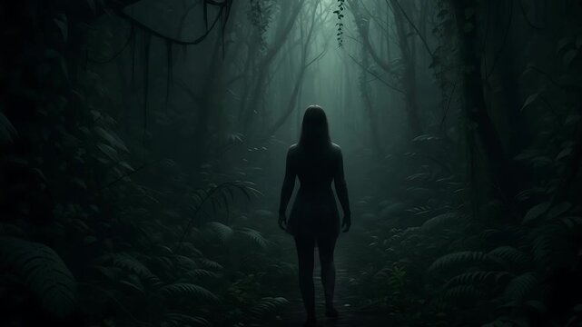 silhouette in moody jungle forest with sunbeams