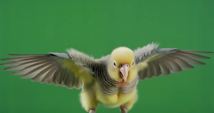 A flawless cinematic video of a yellow cockatiel flying with outstretched wings against a green screen background