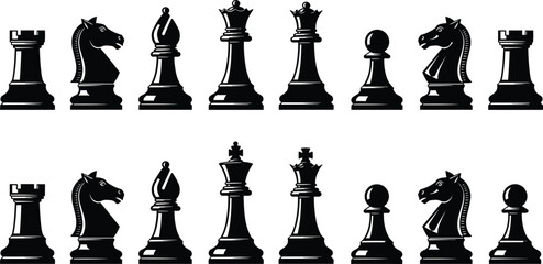 Black Chess Piece Silhouette Icons Set, Professional King Queen Knight Rook Bishop and Pawn Vector Illustrations for Strategy Game Design Elements, © Itz Majbahuil Here