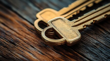 Close up of golden keys on a rustic wooden surface symbolizing security