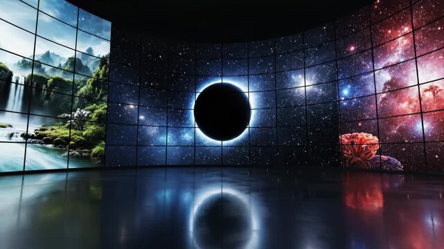 Curved video wall displaying various digital media and visuals