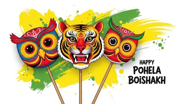 Traditional Colorful Masks and Folk Art Celebration for Pohela Boishakh Bengali New Year