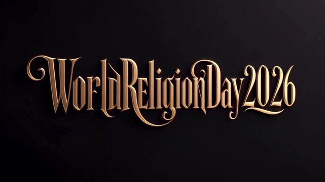 WorldReligionDay2026 typography-only design, elegant high-end serif font, metallic gold lettering, deep black background, soft glow and subtle shadows, refined kerning, premium luxury poster style