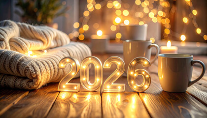 Illuminated New Year: A cozy scene unfolds with glowing numerals marking the year 2026, warm lights, and soft textures creating a sense of anticipation and comfort.