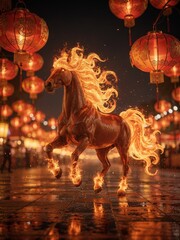 A magnificent, fiery glowing horse, representing the Chinese Zodiac, rears up on a cobblestone street illuminated by traditional red lanterns during a vibrant nighttime festival celebration