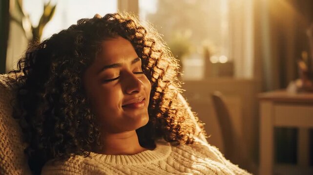 Woman relaxing in sunlight with closed eyes, enjoying peaceful moment. Concept of mindfulness, relaxation, and well-being. Useful for articles on self-care and mental health.