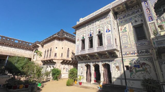 Detailed View of Medieval Period Haveli Interior Walls with Ornate Fresco Murals and Traditional Patterns, Mandawa Rajasthan, India