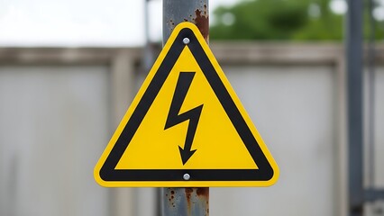 Cautionary triangular sign for high voltage electricity featuring a prominent black downward arrow on a yellow field