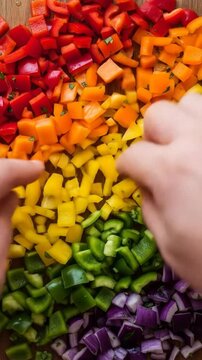 Colorful Chopped Bell Peppers Arranged in Rainbow Pattern.