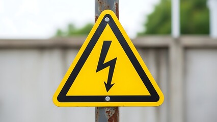 Standardized electrical hazard sign mounted on a rustic pole providing a clear visual warning of high voltage