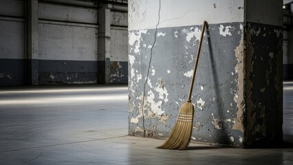 Broom leaning against a concrete pillar in an empty warehouse.
