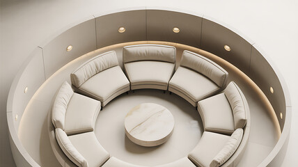 Fototapeta premium Modern circular seating area with white leather sofas and marble table