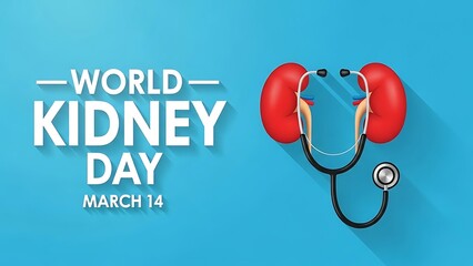World kidney day awareness illustration featuring human kidneys and a stethoscope on a blue background