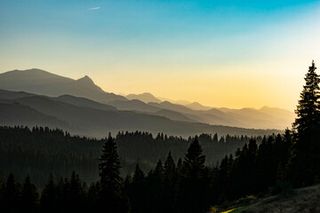 sunset on a green glade with the Tatra Mountains in the background
